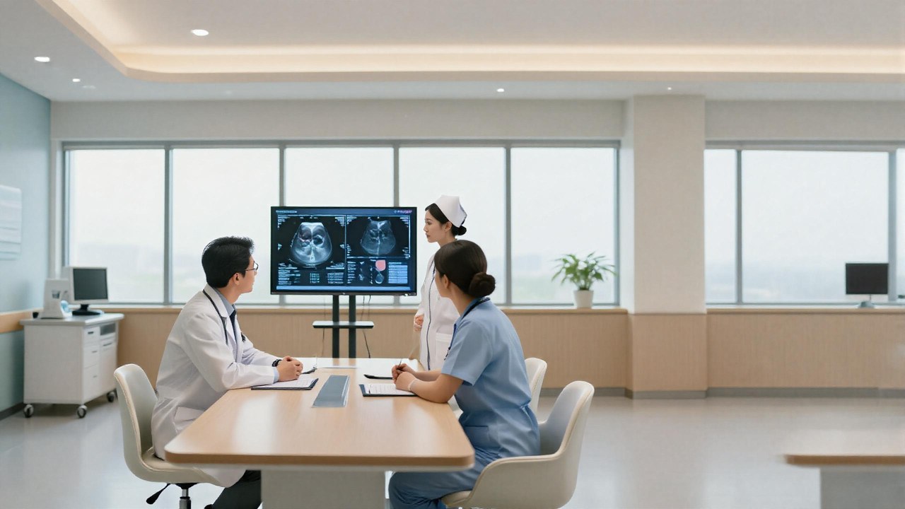 Clinician reviewing medical imaging in a health screening setting